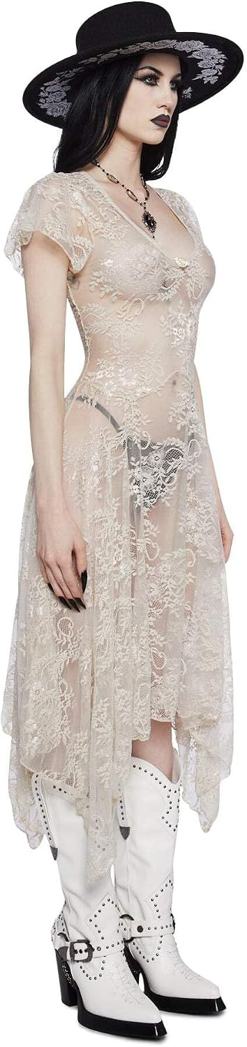 image:imageDolls Kill Dearly Departed Lace Dress by Widow Vintage Lace Dress with Corset Back amp Handkerchief HemIvory
