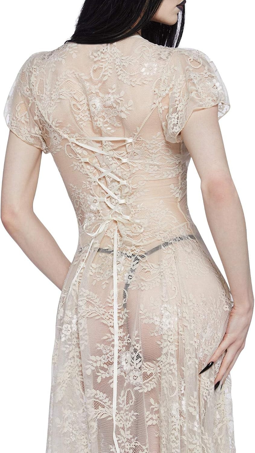 image:imageDolls Kill Dearly Departed Lace Dress by Widow Vintage Lace Dress with Corset Back amp Handkerchief HemIvory