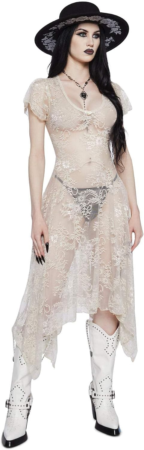 image:imageDolls Kill Dearly Departed Lace Dress by Widow Vintage Lace Dress with Corset Back amp Handkerchief HemIvory