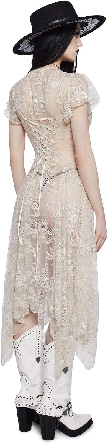 image:imageDolls Kill Dearly Departed Lace Dress by Widow Vintage Lace Dress with Corset Back amp Handkerchief HemIvory
