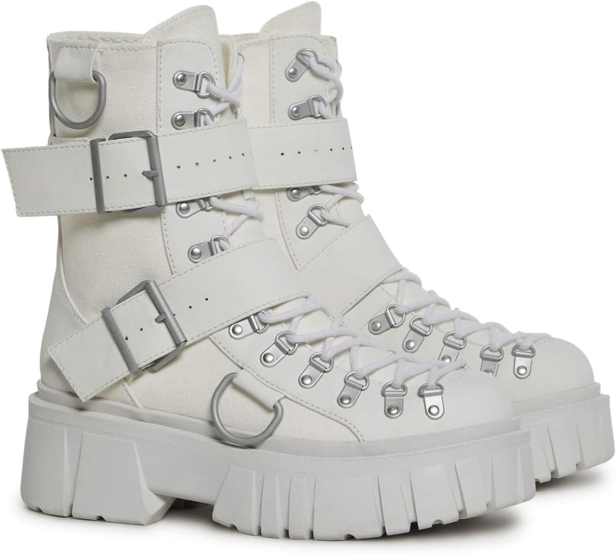 image:imageDolls Kill Low Traitor Boots by Club Exx Chunky Vegan Leather Boots with Buckles DRings amp Side ZipperWhite
