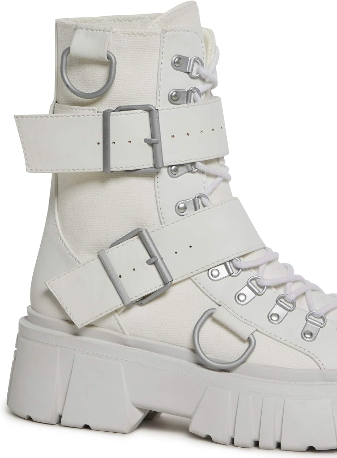image:imageDolls Kill Low Traitor Boots by Club Exx Chunky Vegan Leather Boots with Buckles DRings amp Side ZipperWhite