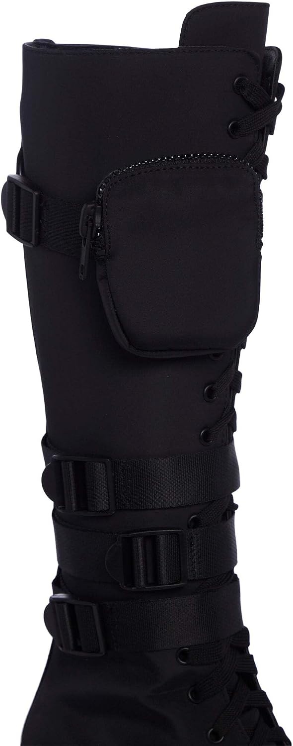image:imageDolls Kill Mad Hustle Knee High Combat Boots by Poster Grl Chunky Platform Boots with Zipper Pockets Buckle Straps amp Side Zip ClosureBlack