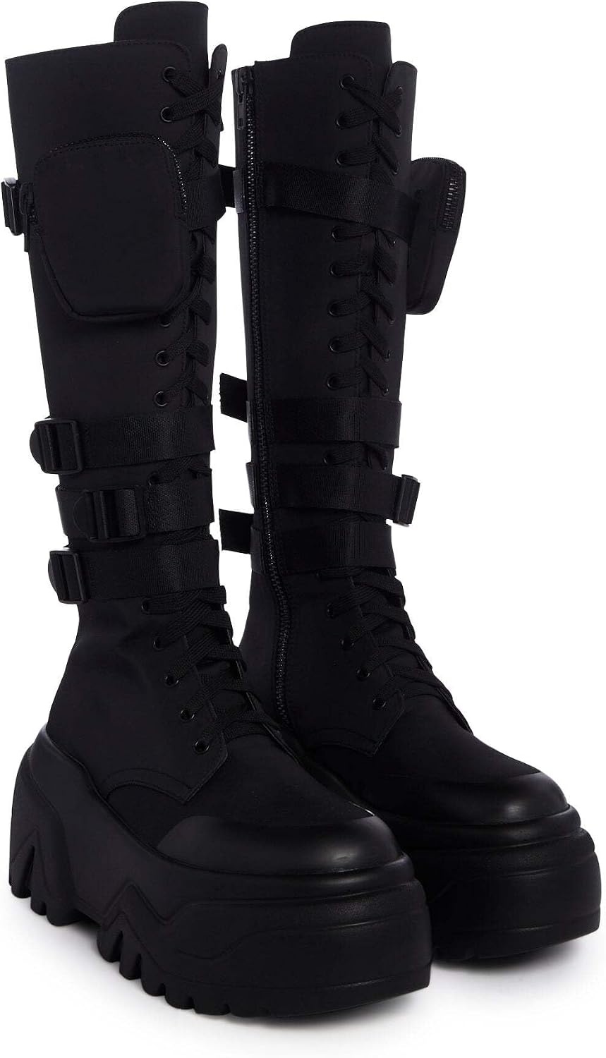 image:imageDolls Kill Mad Hustle Knee High Combat Boots by Poster Grl Chunky Platform Boots with Zipper Pockets Buckle Straps amp Side Zip ClosureBlack