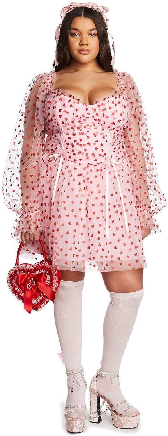 image:imageDolls Kill Plus Heavenly Affair Babydoll Dress by Sugar Thrillz Romantic Tulle Dress with Metallic Hearts and Corset LacingPink