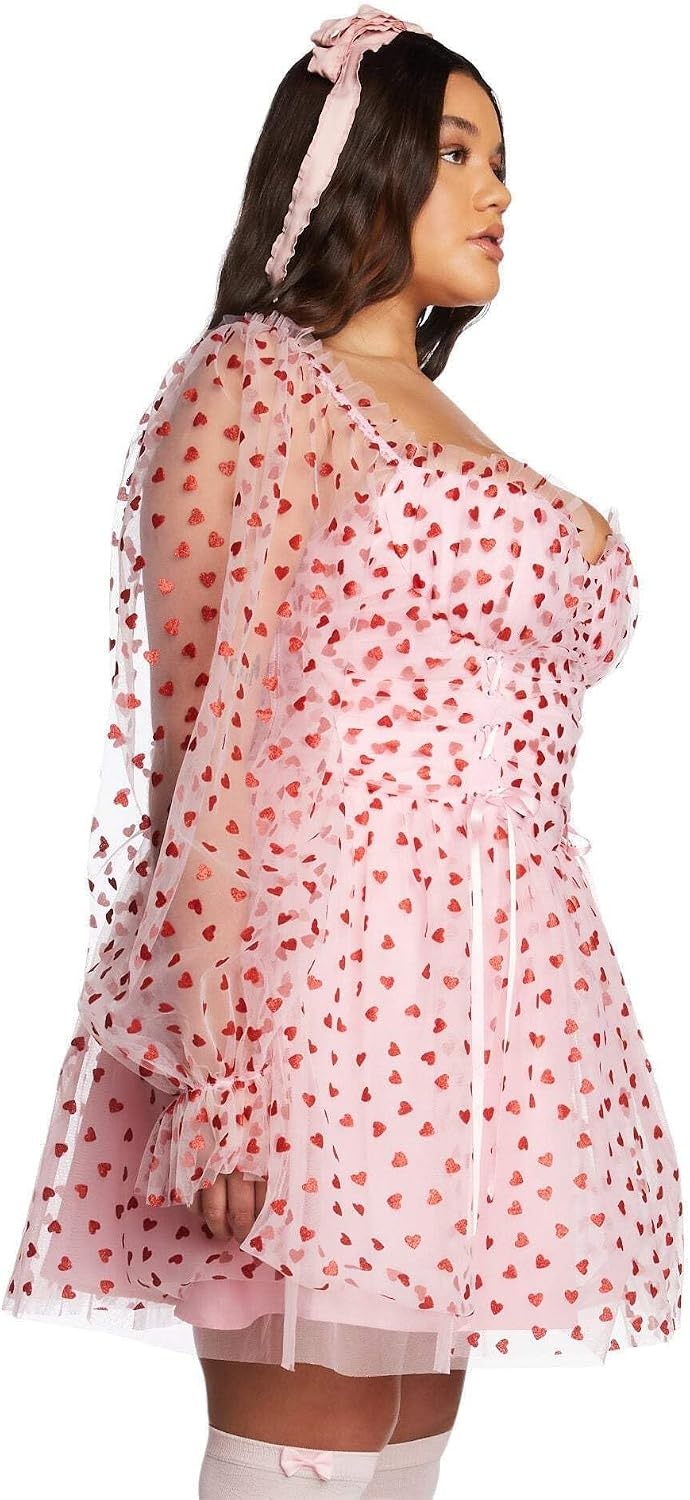image:imageDolls Kill Plus Heavenly Affair Babydoll Dress by Sugar Thrillz Romantic Tulle Dress with Metallic Hearts and Corset LacingPink