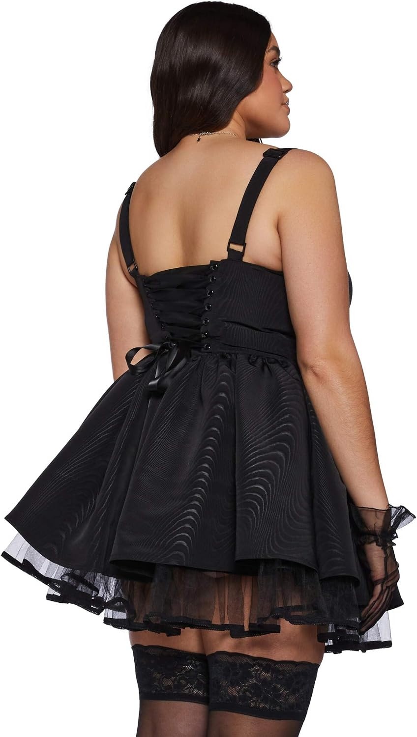 image:imageDolls Kill Plus Magic Moves Corset Dress by Sugar Thrillz Taffeta Corset Dress with Fishnet Mesh Petticoat amp LaceUp BackBlack