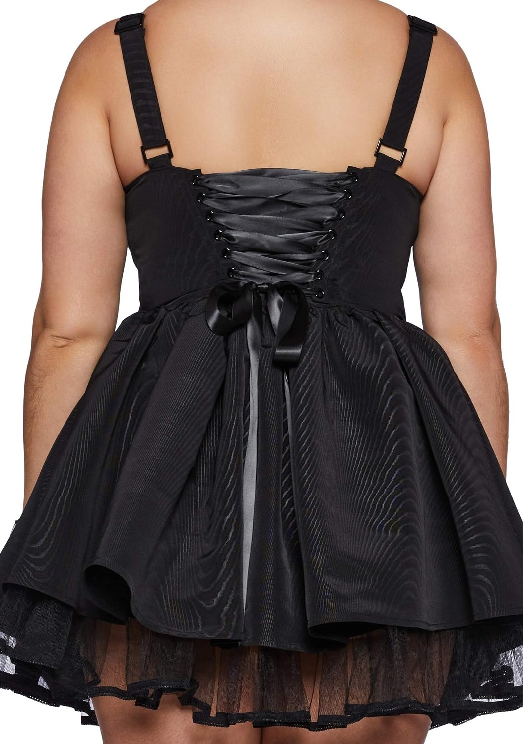 image:imageDolls Kill Plus Magic Moves Corset Dress by Sugar Thrillz Taffeta Corset Dress with Fishnet Mesh Petticoat amp LaceUp BackBlack