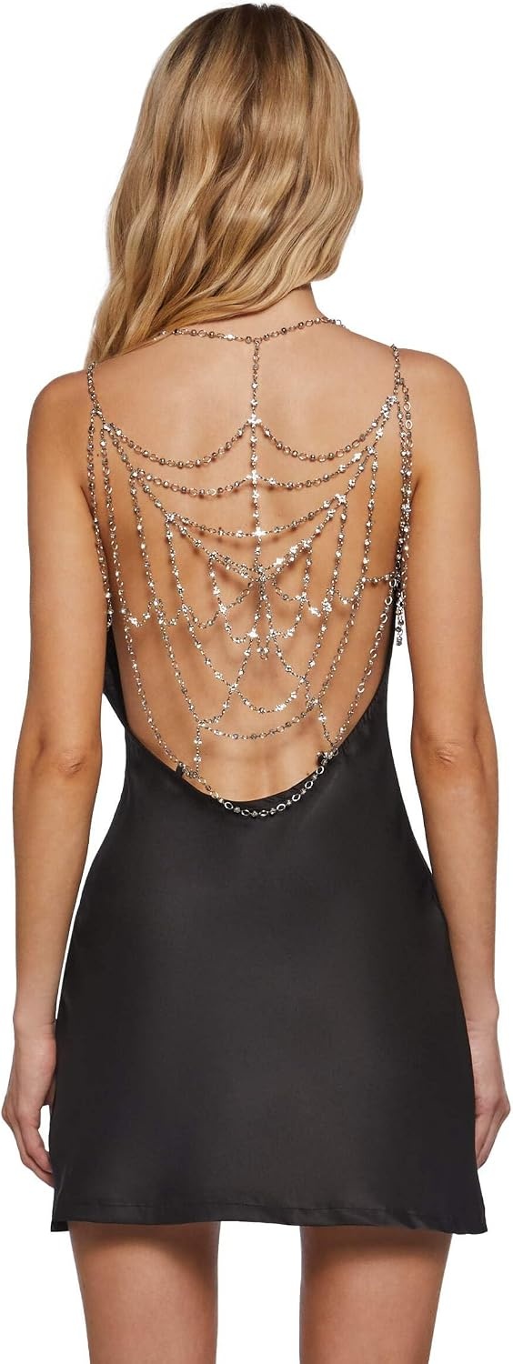 image:imageDolls Kill Reel You in Satin Slip Dress by Widow Cowl Neck Mini Dress with Chain Straps amp Beaded Open BackBlack
