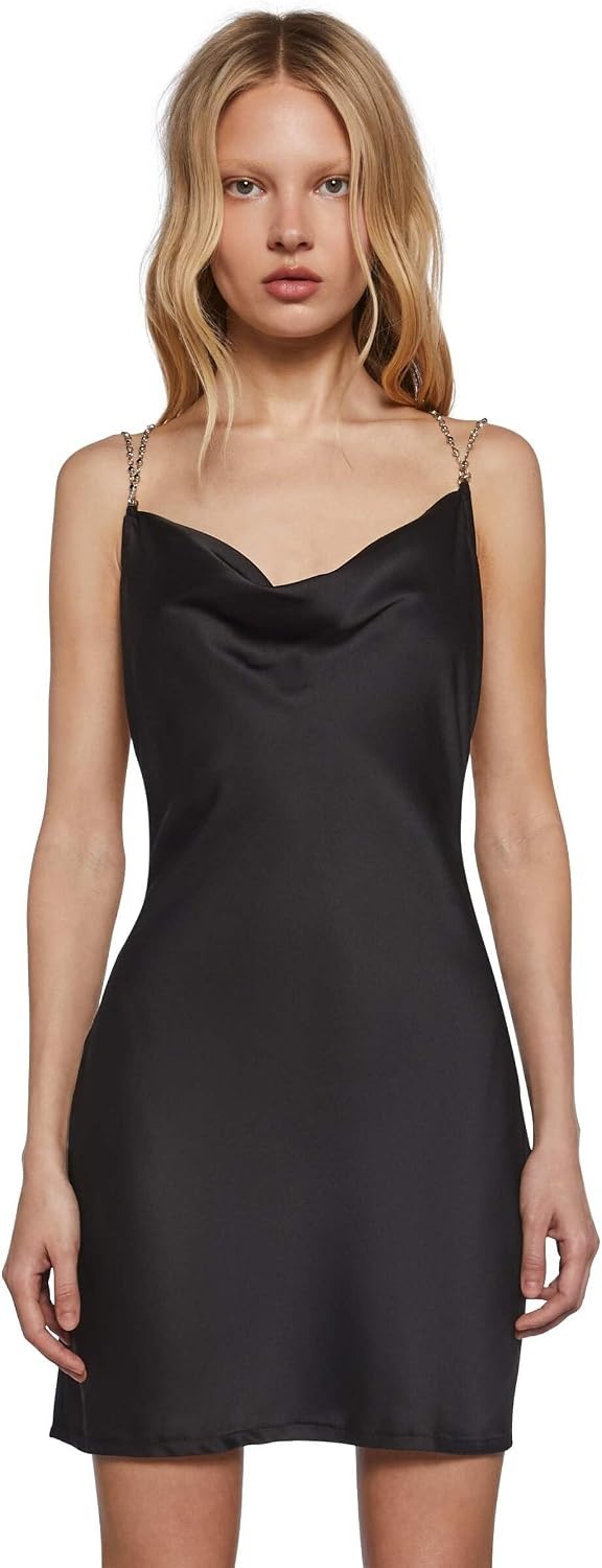 image:imageDolls Kill Reel You in Satin Slip Dress by Widow Cowl Neck Mini Dress with Chain Straps amp Beaded Open BackBlack