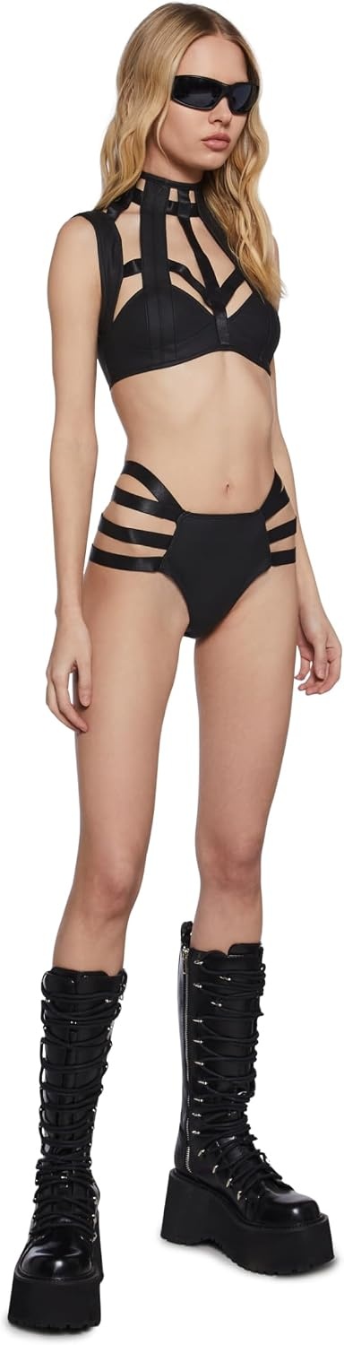 image:imageDolls Kill Rude Awakening Top amp Short Set by Club Exx Vegan Leather Bra Top and Holographic Shorts for Festival FashionHolographic