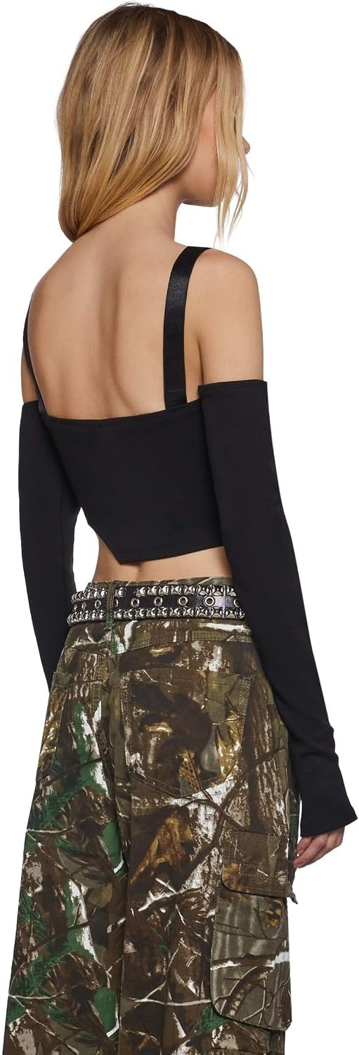 image:imageDolls Kill Shut Up Touch Me Strappy Crop Top by Poster GRL OffShoulder Top with Adjustable Buckle Straps and Long SleevesBlack