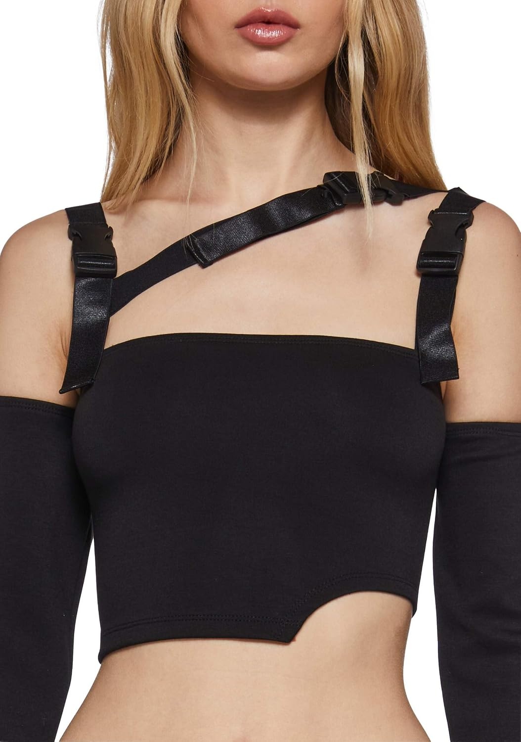 image:imageDolls Kill Shut Up Touch Me Strappy Crop Top by Poster GRL OffShoulder Top with Adjustable Buckle Straps and Long SleevesBlack
