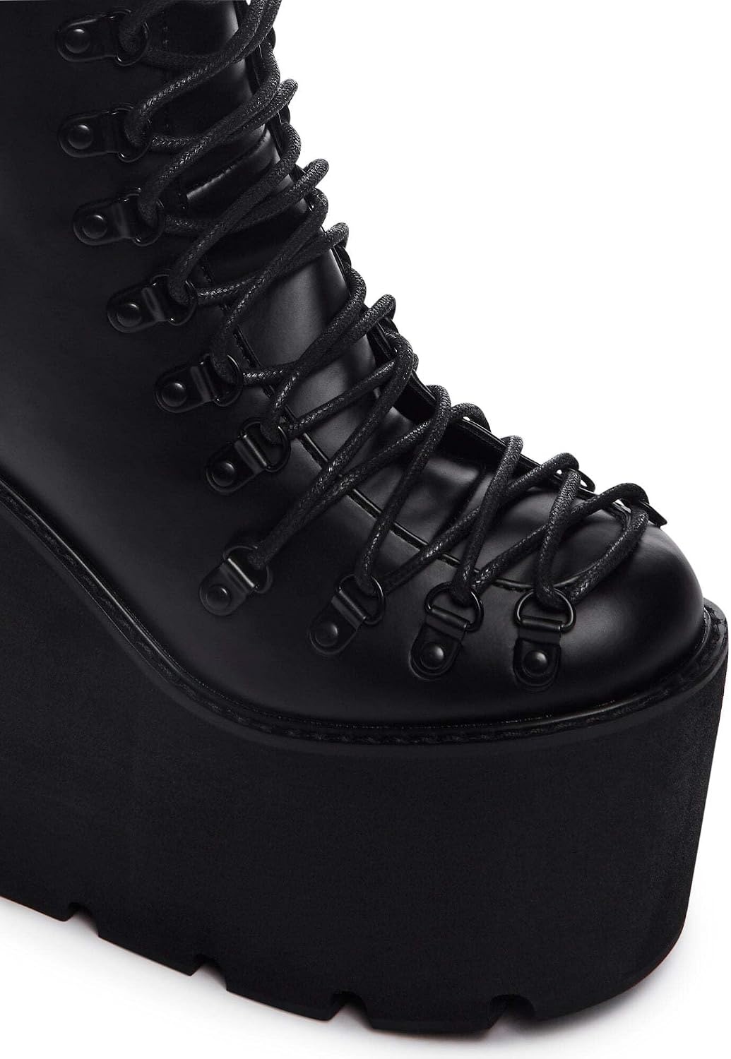 image:imageDolls Kill Traitor Boots by Current Mood Black Vegan Leather Platform Boots with Wedge Heels amp LaceUp DesignBlack