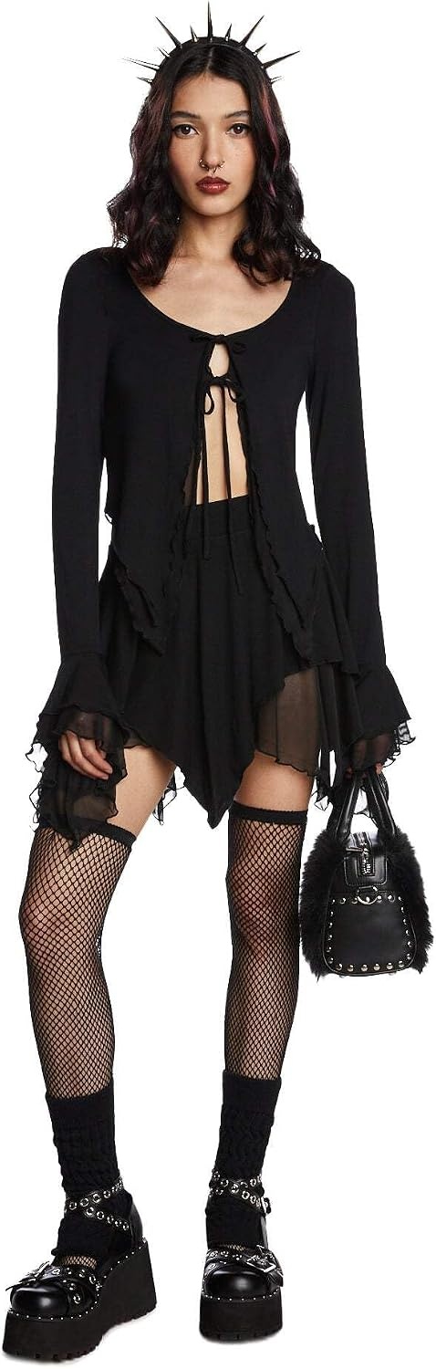 image:imageDolls Kill Wait for The Blackout Mini Skirt by The Grave Girls High Waisted Sheer Mesh Skirt with Asymmetrical Hem
