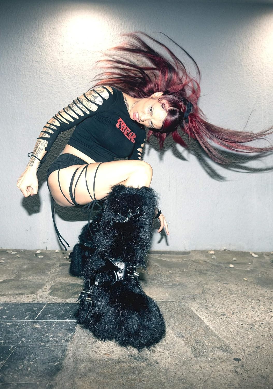 image:imageDolls Kill Wild Instincts Faux Fur Boots by Club Exx Womens Knee High Platform Boots with Buckle StrapsBlack