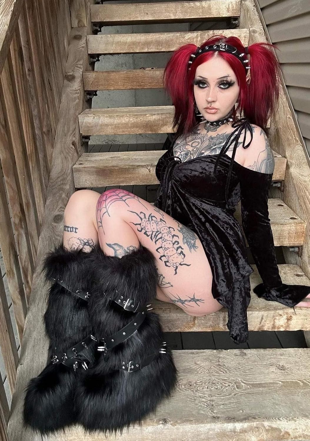 image:imageDolls Kill Wild Instincts Faux Fur Boots by Club Exx Womens Knee High Platform Boots with Buckle StrapsBlack