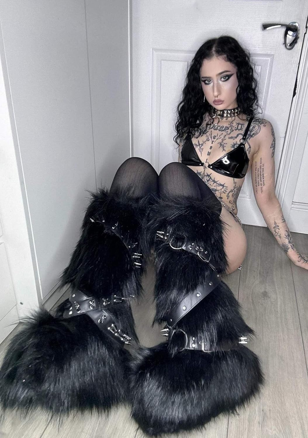 image:imageDolls Kill Wild Instincts Faux Fur Boots by Club Exx Womens Knee High Platform Boots with Buckle StrapsBlack