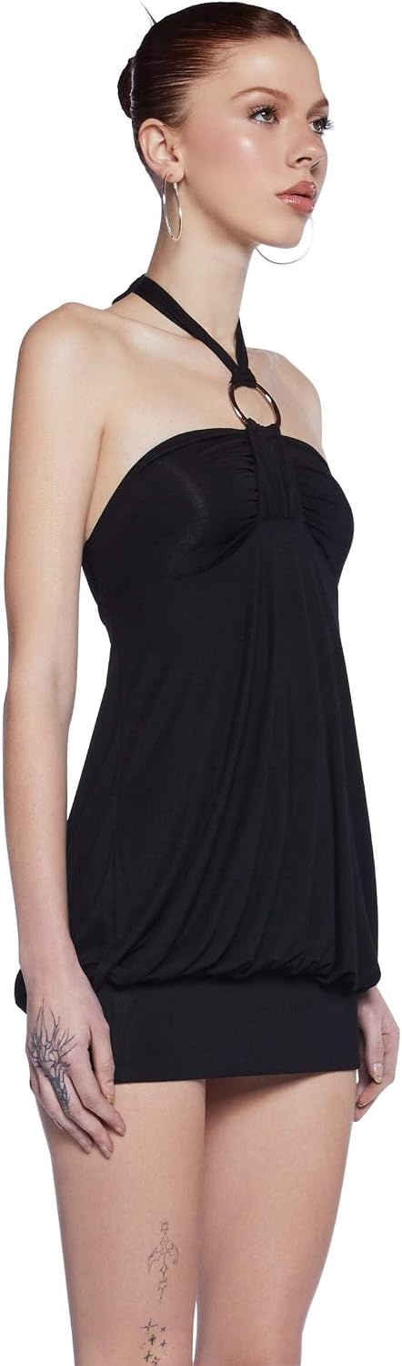 image:imageDolls Kill Y2K Bubble Mini Dress by Generation Kiss Trendy Halter Neck Dress with Ruched Bust and Bubble HemBlack