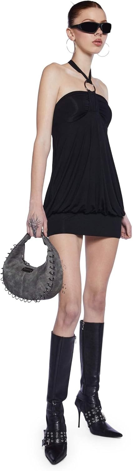 image:imageDolls Kill Y2K Bubble Mini Dress by Generation Kiss Trendy Halter Neck Dress with Ruched Bust and Bubble HemBlack