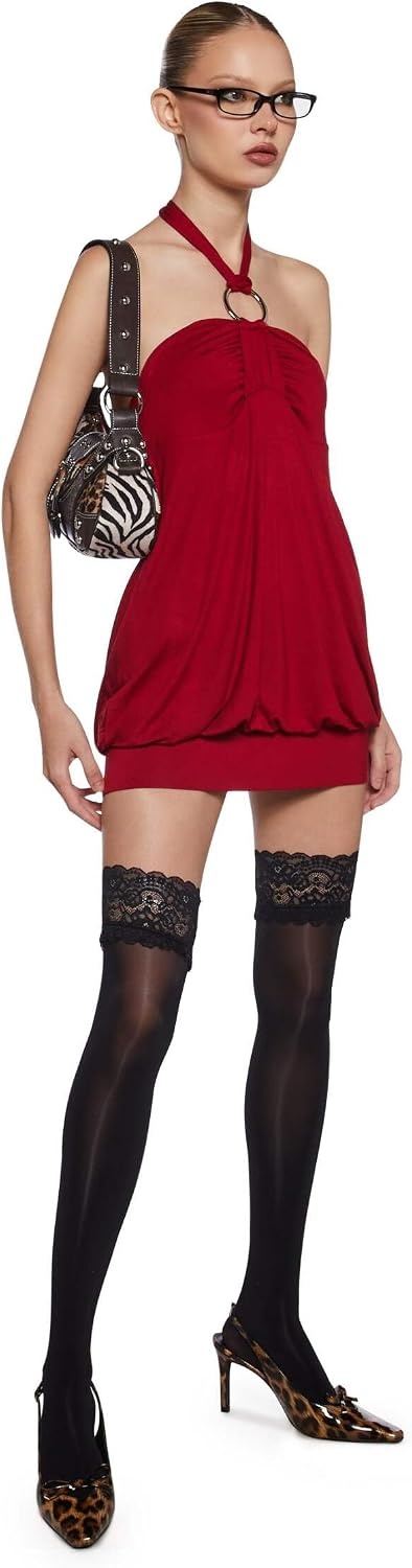 image:imageDolls Kill Y2K Bubble Mini Dress by Generation Kiss Trendy Halter Neck Dress with Ruched Bust and Bubble HemRed