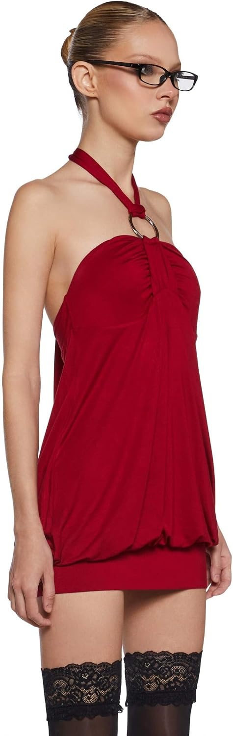 image:imageDolls Kill Y2K Bubble Mini Dress by Generation Kiss Trendy Halter Neck Dress with Ruched Bust and Bubble HemRed