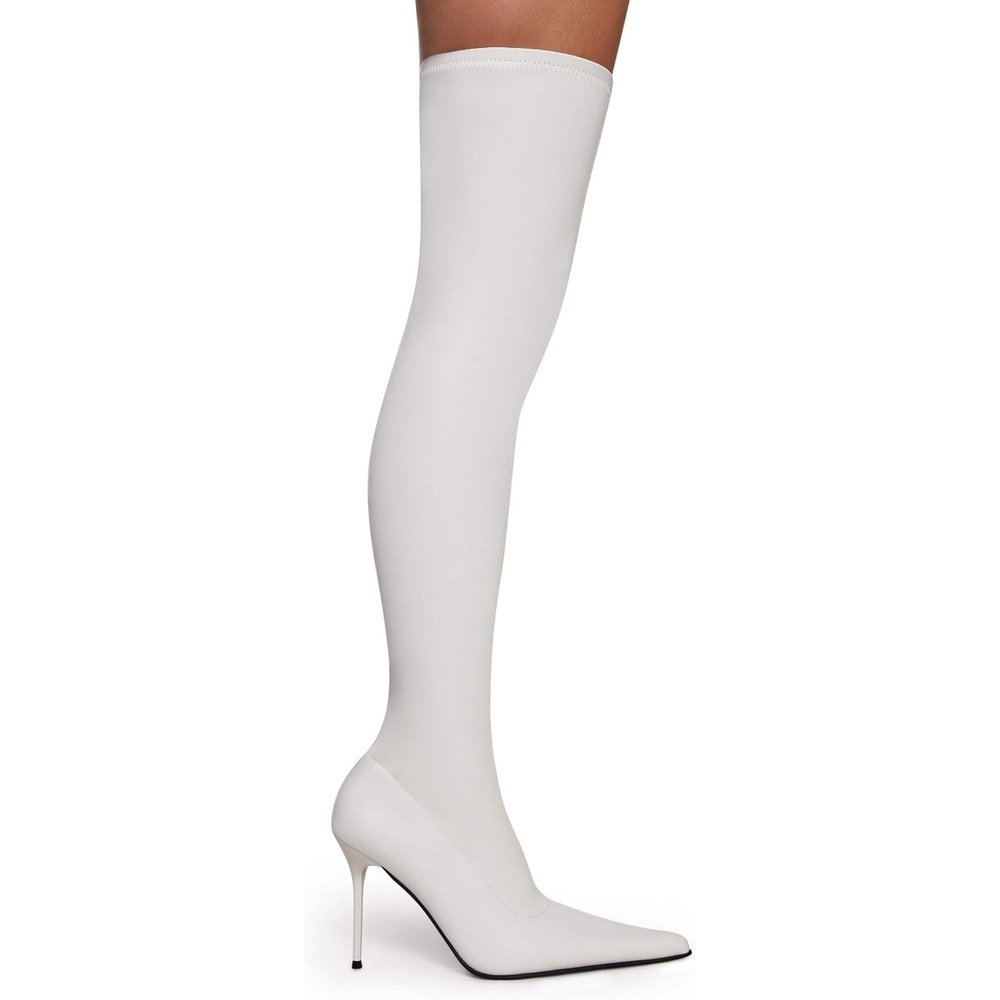 image:imageDolls Kill Britney Thigh High Boots by Trickz N Treatz Womens Vinyl Stretch Boots with Pointed Toe amp Side ZipperWhite