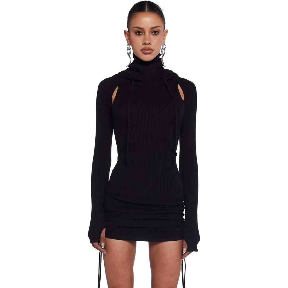 image:imageDolls Kill Compression Ruched Mini Dress by Darker WAVS Hooded Rib Knit Mini Dress with Racerback CutOut Ruching and Tie DetailsBlack