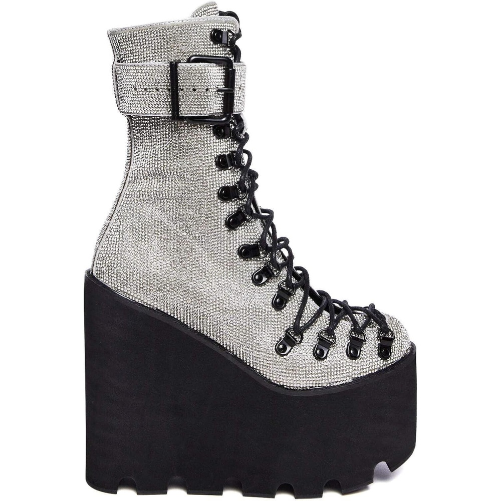 image:imageDolls Kill Crystal Traitor Boots by Club Exx  Silver Rhinestone Studded Wedge Platform Boots with LaceUp amp Buckle StrapsSilver