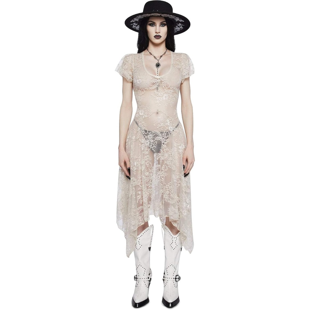 image:imageDolls Kill Dearly Departed Lace Dress by Widow  Vintage Lace Dress with Corset Back amp Handkerchief HemIvory