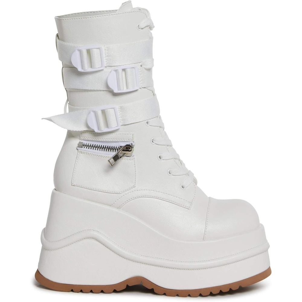 image:imageDolls Kill Mad Hustle Pocket Combat Boots by Poster Grl  Chunky Platform Combat Boots with Zipper Pockets amp Buckled StrapsWhite