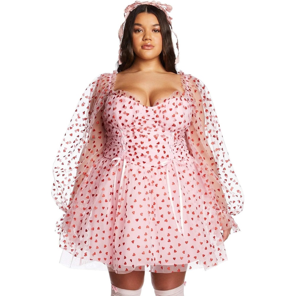 image:imageDolls Kill Plus Heavenly Affair Babydoll Dress by Sugar Thrillz  Romantic Tulle Dress with Metallic Hearts and Corset LacingPink