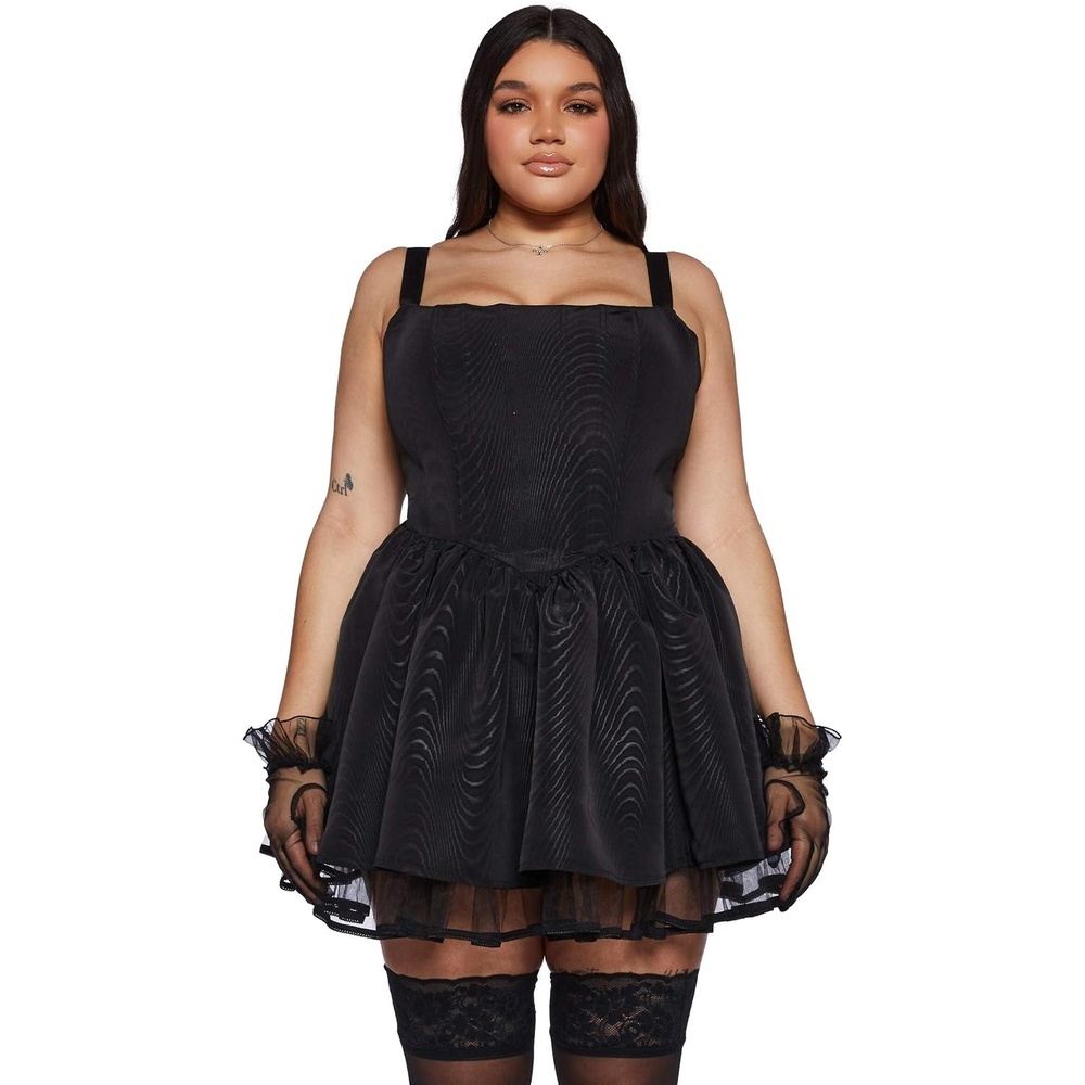 image:imageDolls Kill Plus Magic Moves Corset Dress by Sugar Thrillz Taffeta Corset Dress with Fishnet Mesh Petticoat amp LaceUp BackBlack