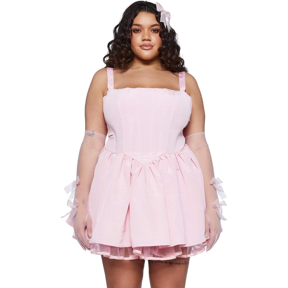 image:imageDolls Kill Plus Magic Moves Corset Dress by Sugar Thrillz Taffeta Corset Dress with Fishnet Mesh Petticoat amp LaceUp BackPink