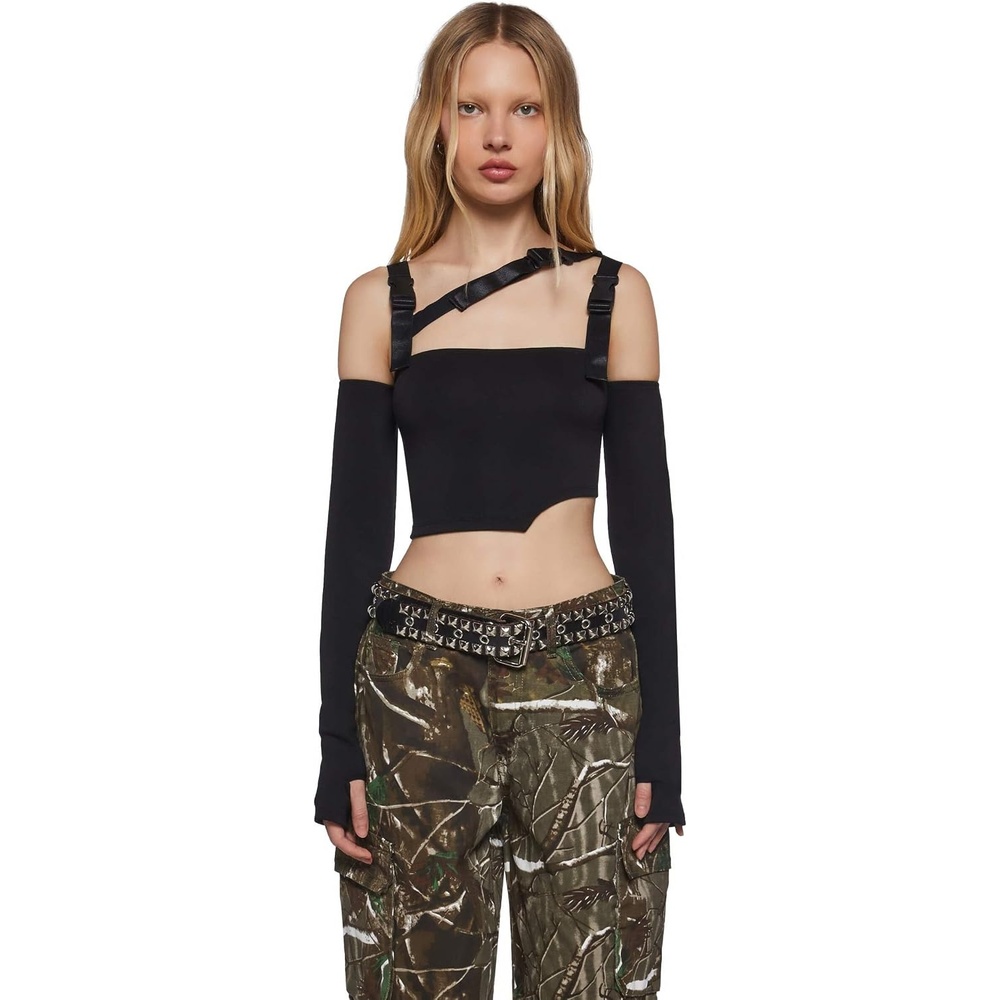 image:imageDolls Kill Shut Up Touch Me Strappy Crop Top by Poster GRL  OffShoulder Top with Adjustable Buckle Straps and Long SleevesBlack
