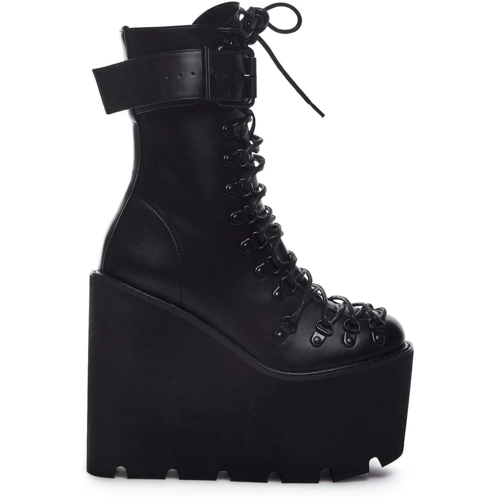 image:imageDolls Kill Traitor Boots by Current Mood Black Vegan Leather Platform Boots with Wedge Heels amp LaceUp DesignBlack