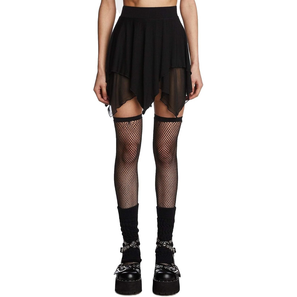 image:imageDolls Kill Wait for The Blackout Mini Skirt by The Grave Girls High Waisted Sheer Mesh Skirt with Asymmetrical Hem