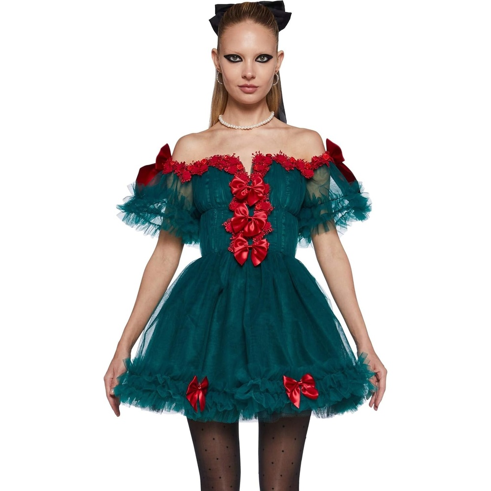 image:imageDolls Kill Winter Rose Mini Dress OffTheShoulder Tulle Party Dress with Lace and Bow Details GreenGreen