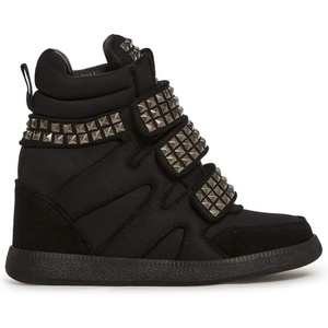 Dolls Kill Ambient Wedge Sneakers with Studs by Darker WAVS – Women’s Suede Platform Sneakers with Hook-and-Loop Straps(Black)