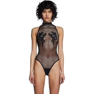 Dolls Kill Bad Luck Dragon Fishnet Bodysuit by Club Exx – High Neck Bodysuit with Embroidered Dragon Accents(Black)