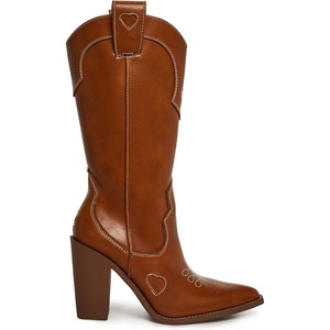 Dolls Kill Basic Present Perfect Cowgirl Boot by Sugar Thrillz – Women’s Mid-Calf Western Heeled Boots with Heart Stitching(Light Brown)