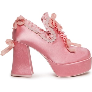 Dolls Kill Bisou Baby Platform Heels by Trickz N’ Treatz – Women’s Ruffle Trim Slip-On Heels with Bow Accents & Block Heel(Pink)