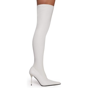 Dolls Kill Britney Thigh High Boots by Trickz N’ Treatz – Women’s Vinyl Stretch Boots with Pointed Toe & Side Zipper(White)