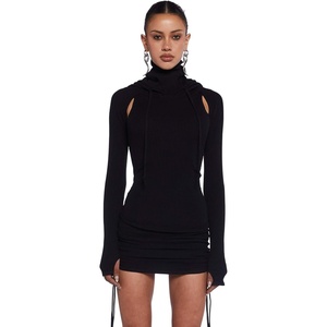 Dolls Kill Compression Ruched Mini Dress by Darker WAVS | Hooded Rib Knit Mini Dress with Racerback Cut-Out, Ruching, and Tie Details(Black)
