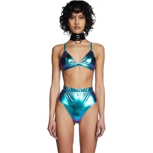 Dolls Kill Cosmic Ace Metallic Bra Top by Club Exx – Shiny Festival Triangle Top with Adjustable Straps(Blue)