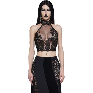 Dolls Kill Crescent Moon Blues Mesh Top by Widow – Sheer Crop Top with Embroidered Floral Details and Lace-Up Back(Black)