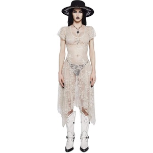 Dolls Kill Dearly Departed Lace Dress by Widow – Vintage Lace Dress with Corset Back & Handkerchief Hem(Ivory)