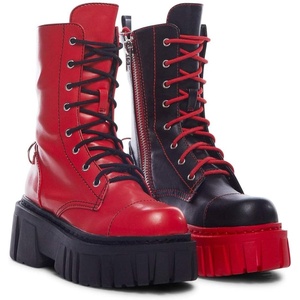 Dolls Kill Devil Games Mismatched Combat Boots by Current Mood – Vegan Leather Platform Boots with Adjustable Lace-Ups & Side Zippers(Red)