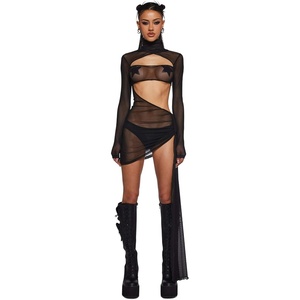 Dolls Kill Dreamland Dancer Bodycon Dress – Sheer Mesh Cut-Out Festival Dress(Black)