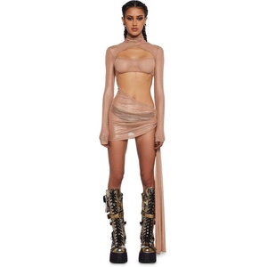 Dolls Kill Dreamland Dancer Bodycon Dress – Sheer Mesh Cut-Out Festival Dress(Gold)